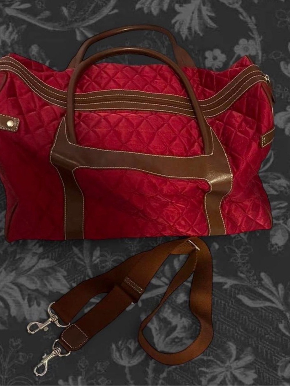 Ann Taylor Red Quilted Travel Tote with Brown Trim